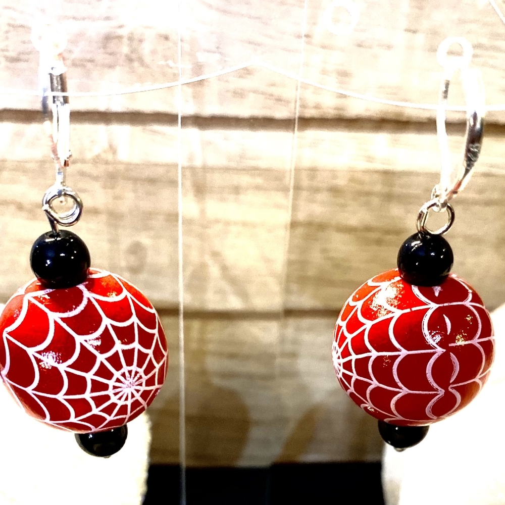 Ladies Halloween Red Firey Spider Earrings